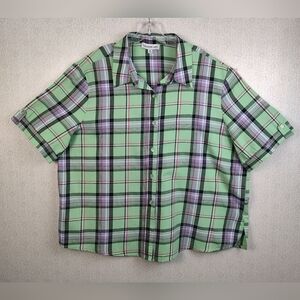 3X Southern Lady Lime Green Black Purple Plaid Button Down Shirt Short Sleeve